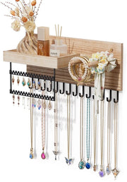 Organizzatore di accessori da appendere, cassettino per gioielli in legno con 15 ganci, appendi catenelle per catenelle, orecchini, orecchini, bracciali e collane - Naturale