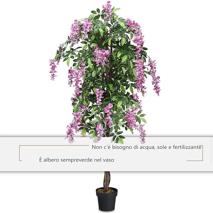 Pianta Finta da Interno da 180 cm, Albero Artificiale con Fiori Fiori Glicine Elegante in Vaso, Pianta Artificiale per Salotto, Camera da Letto e Balcone