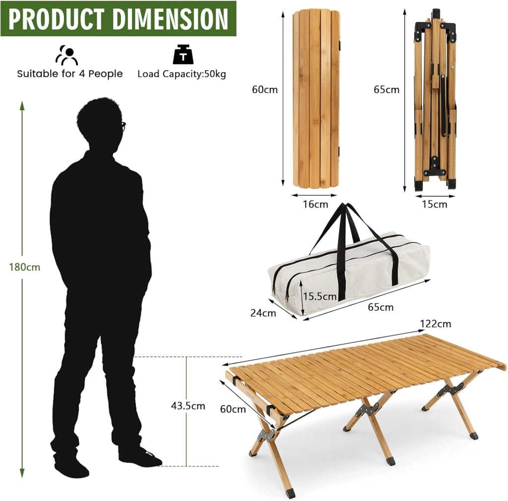 Tavolo Pieghevole da Esterno, Tavolo da Picnic da Campeggio in Bambù, per 4-6 Persone, Tavolo Portatile con una Borsa, la Portata di 50kg, 122 x 60 x 43,5cm (Yellow)