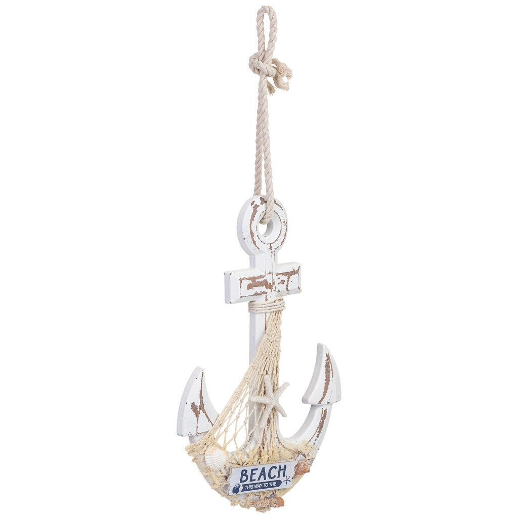 Figura decorativa a forma di ancora in legno bianco 22x2x33 cm