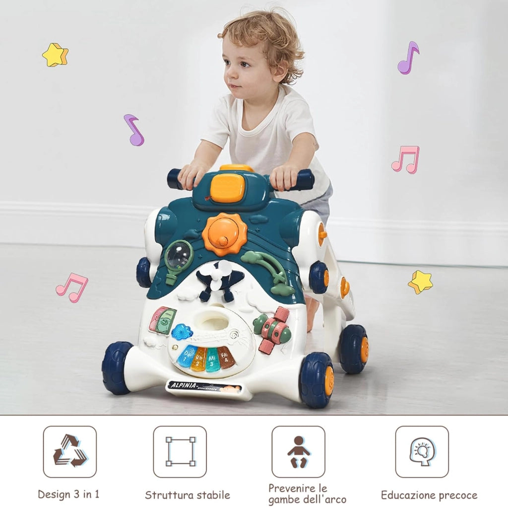 3 in 1 Primi Passi Cavalcabile Spingibile, Giocattolo Educativo con Musica e Luci, con 4 Ruote Antiscivolo, Ideale per Bambini 6-36 Mesi (Blu)