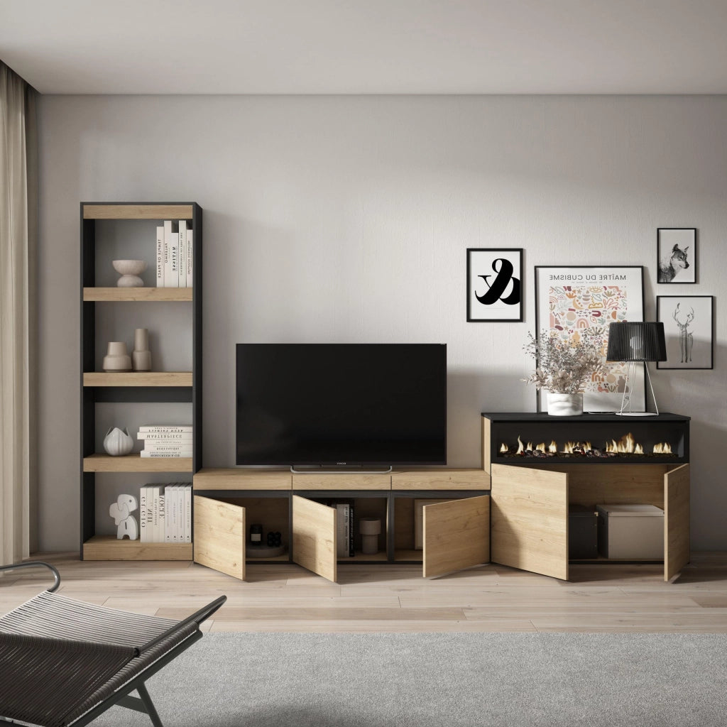 Mobile TV, Soggiorno, 310x35x186cm, Per TV fino a 65", Camino elettrico, colore Rovere e nero RF3154