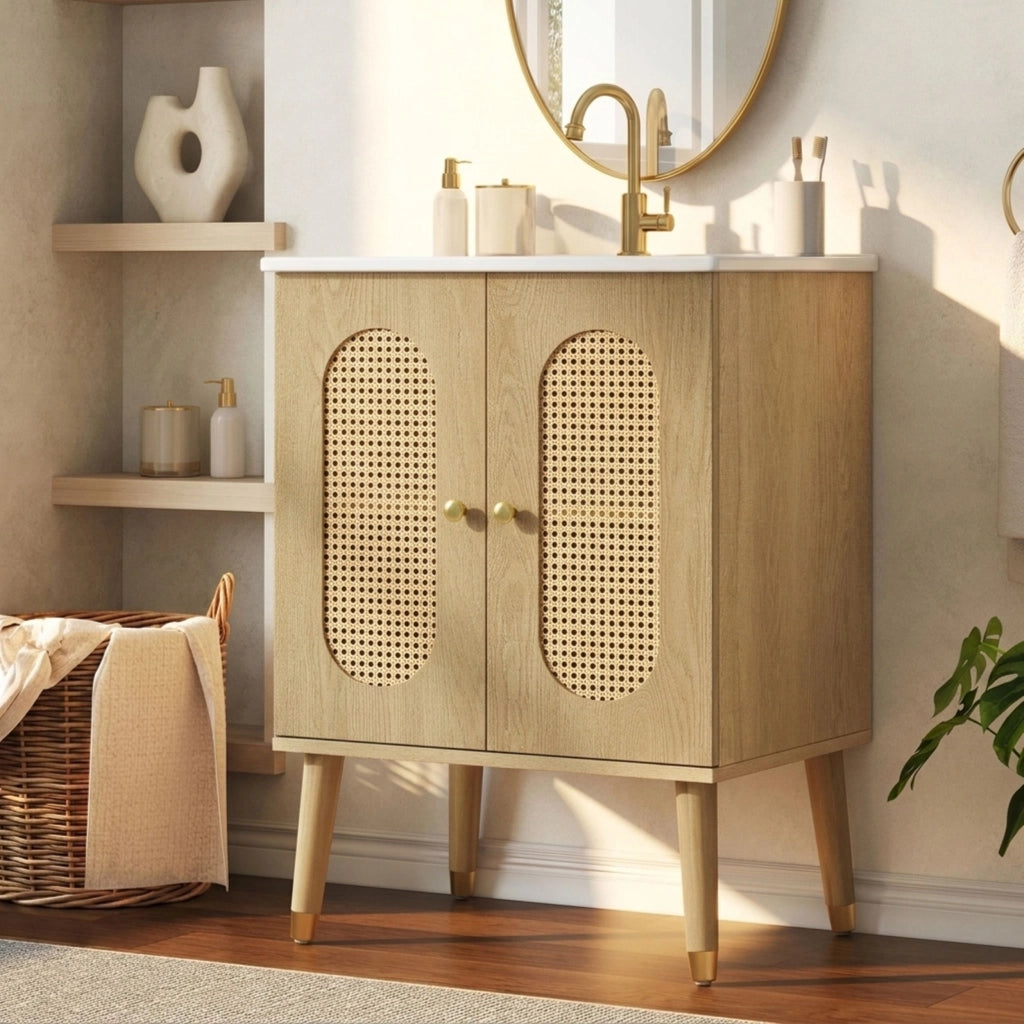 Mobile da bagno con lavabo in ceramica, ante in vimini traspiranti, ripiani portaoggetti, rubinetti non inclusi,colore del legno naturale e bianco