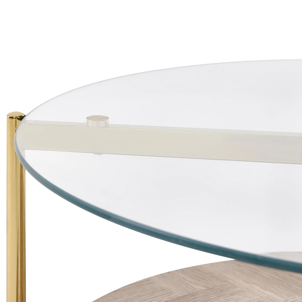 Tavolino con piano in vetro temperato con 1 ripiano in legno chiaro oro stile moderno