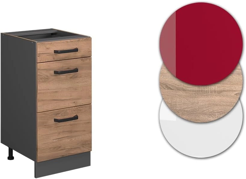 Mobiletto base per cucina R-Line, Quercia dorata, 40 cm con cassetti, senza piano di lavoro, per la libera combinazione all'interno di sistemi cucina modulari