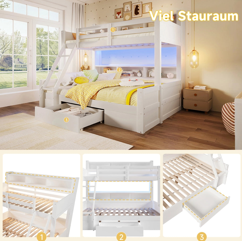 Letto a castello bianco 90x200/140x200 cm con LED e cassetto