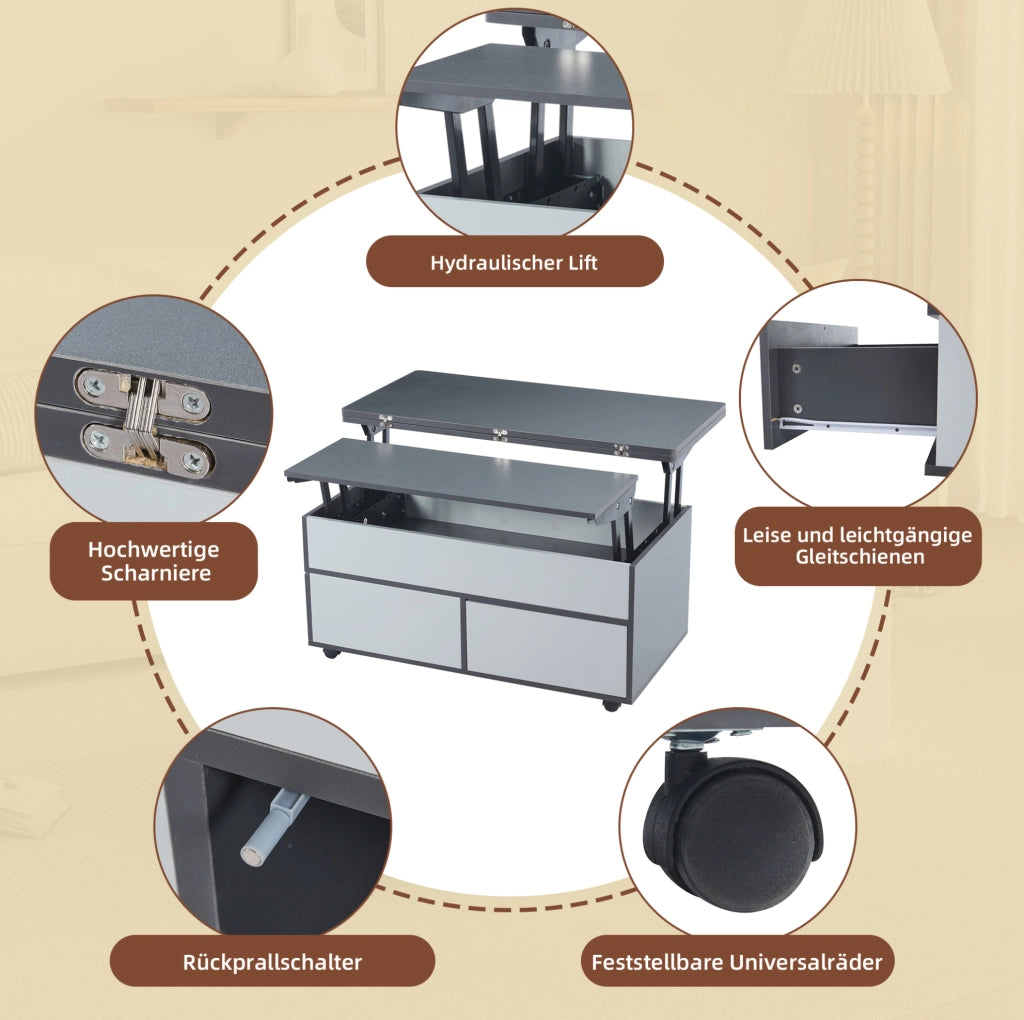Tavolino da caffè sollevabile 100 x 98 x 65 cm in truciolare grigio e bianco; con ruote e contenitore