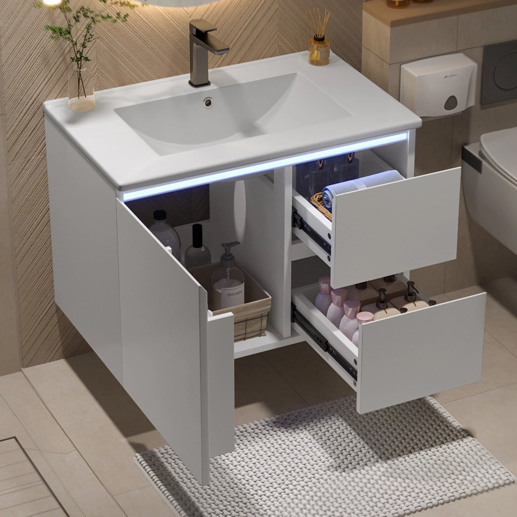 Mobile sottolavabo con 2 cassetti, LED a sensore radar, lavabo in ceramica, per bagno, bianco, 76 × 46 × 50 cm