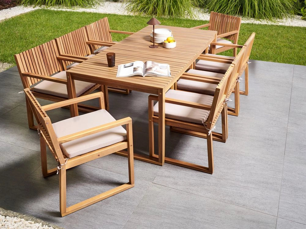 Set da Giardino Legno di Acacia chiaro con Tavolo e 8 Sedie con Cuscini tortora giardino terrazzo