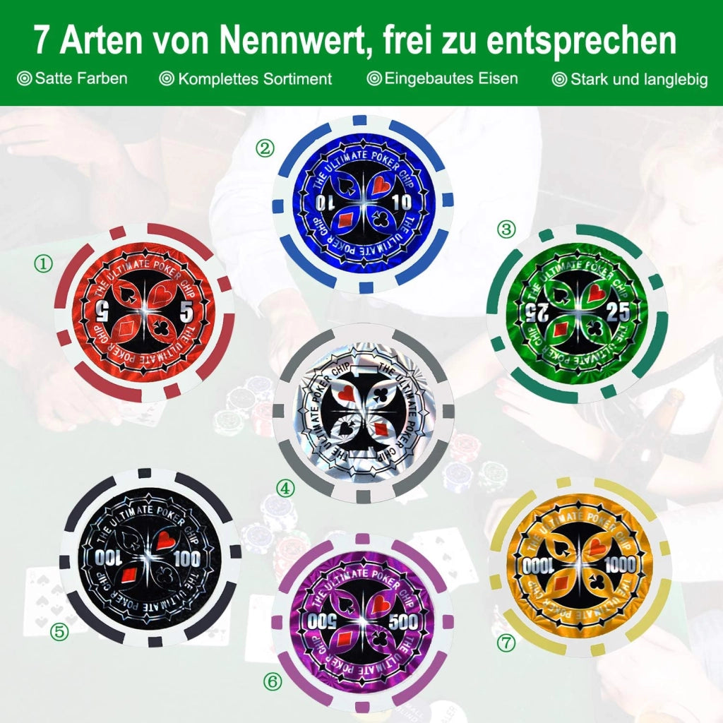 Set da poker da poker da 500 chip, con 500 chip da poker laser, 2 pazzi da poker, 3 bottoni per dealer e 5 dadi con valigetta in alluminio, nero