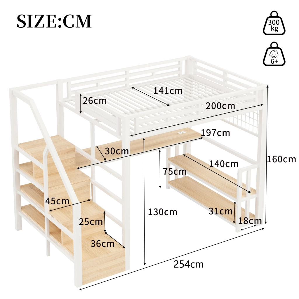 LETTO A SOPPALCO 140x200 cm Metallo e MDF Bianco con scrivania