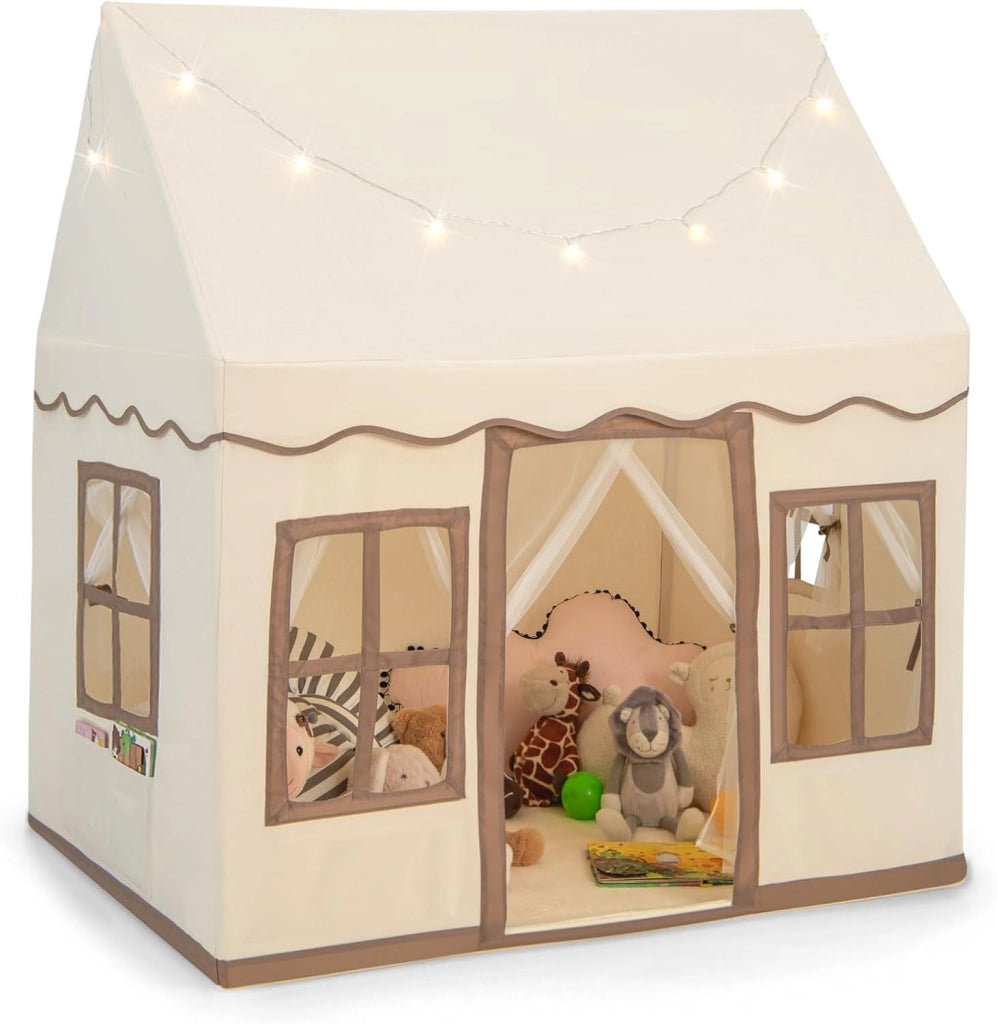 Tenda da Gioco per Bambini con Luci a Stella, Tappetino in Velluto Lavabile e Antiscivolo, Finestre e Tende a Rete, Ideale per Interni ed Esterni per Bambini 3 Anni + (Giallo)
