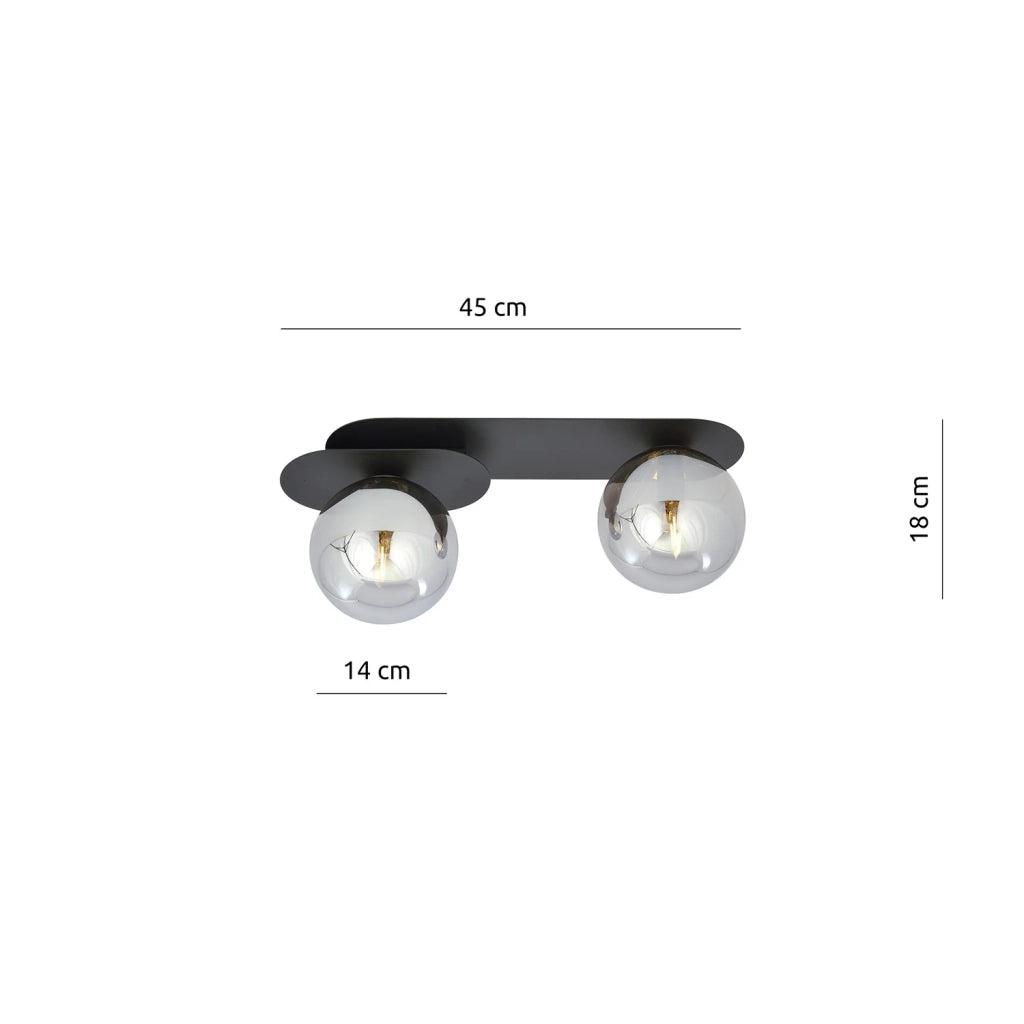 Plafoniera Minimal 2 Luci Teia In Acciaio Nero E Sfere Vetro Fumè