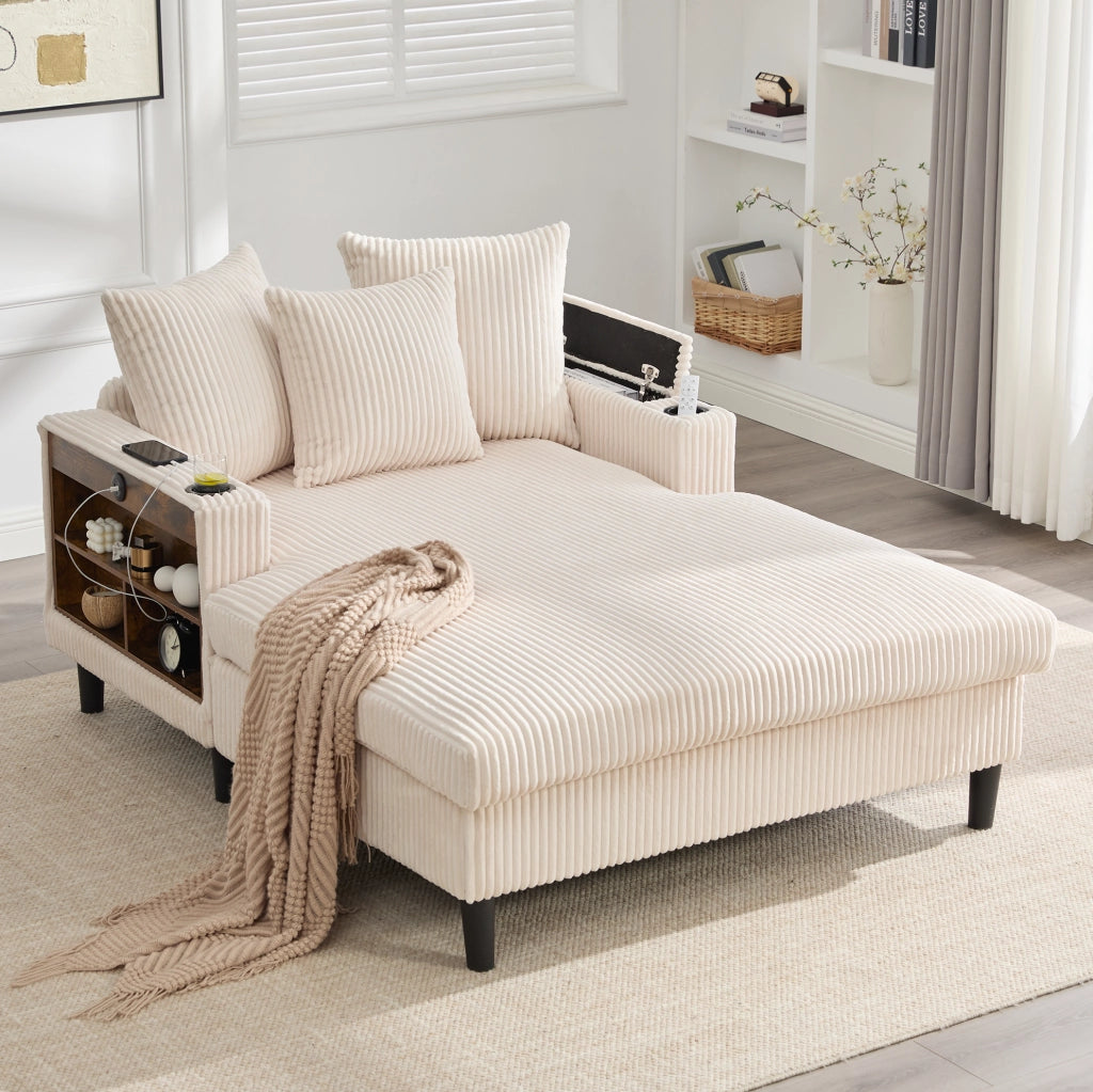 Chaise longue 170x129x70 cm in velluto a coste beige con LED， USB e vano