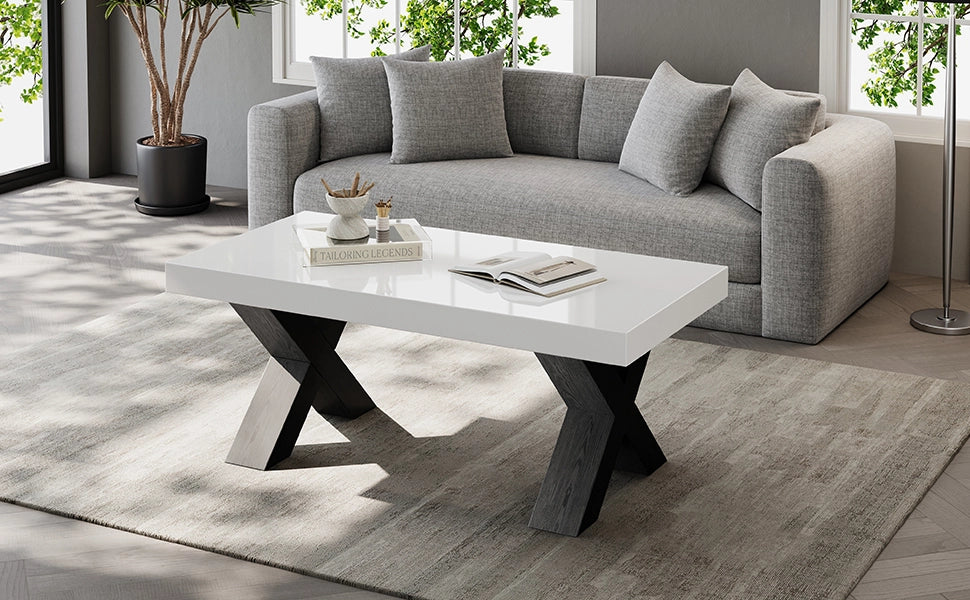 Tavolino basso rettangolare con piano lucido e gambe a X, per soggiorno, in MDF, bianco e nero, 100 × 50 × 40 cm