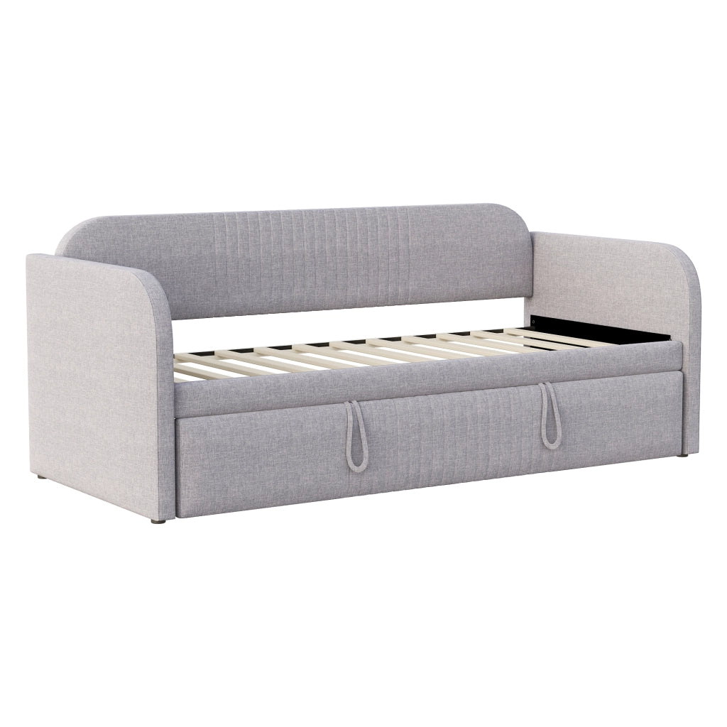 Letto imbottito trasformabile 90/180x190 cm con rete a doghe, tessuto effetto lino traspirante, grigio chiaro
