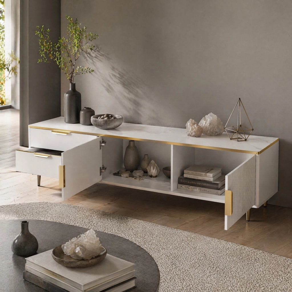 Mobile porta TV con 2 cassetti e 2 vani a giorno in MDF e pannello truciolare bianco e oro 170 × 37 × 45 cm