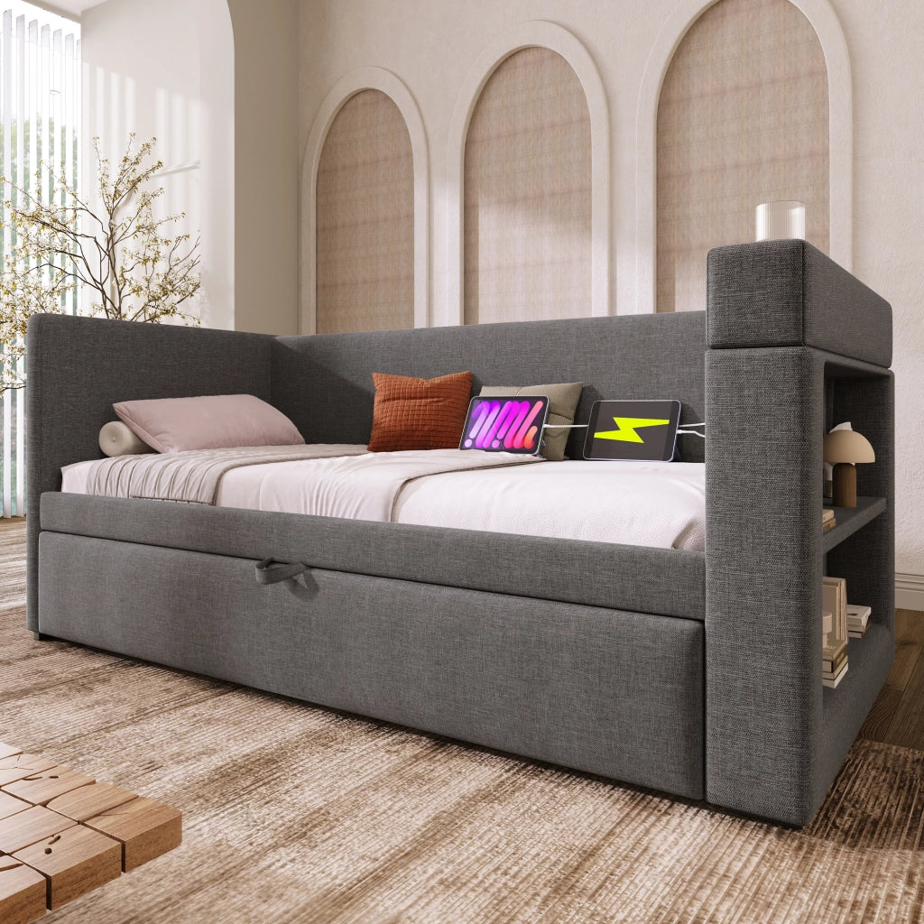 LETTO Divano 90x190 cm con letto estraibile USB Type-C tessuto grigio
