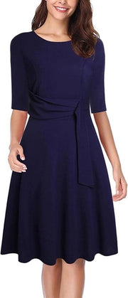Abito estivo donna collo rotondo manica a sbalzo cravatta tailleur flusso onda antico elegante ondulato gonna A-libera abito - blu marino - misura L