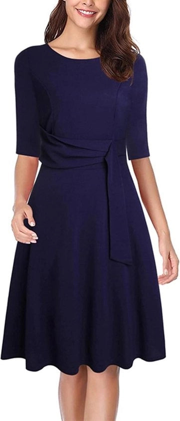 Abito estivo donna collo rotondo manica a sbalzo cravatta tailleur flusso onda antico elegante ondulato gonna A-libera abito - blu marino - misura L