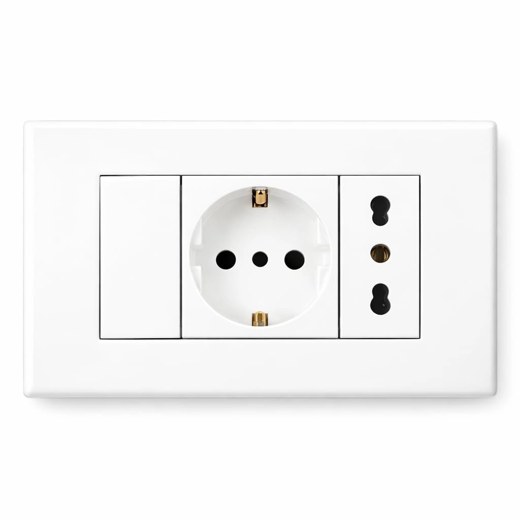 Placca Placchetta Elettrica 3 Posti con Interruttore e Schuko Bipasso