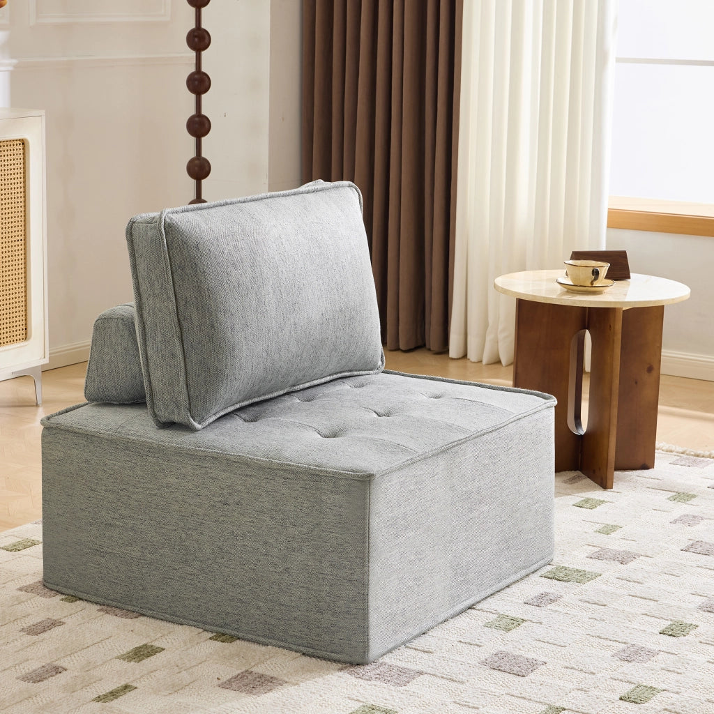 Divano modulare compatto per piccoli spazi con seduta ergonomica e comfort morbido in lino e compensato grigio chiaro