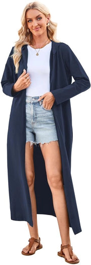 Badjas da Donna con Cappuccio e Capo di Lino Leggero e Lungo in Blu Marino