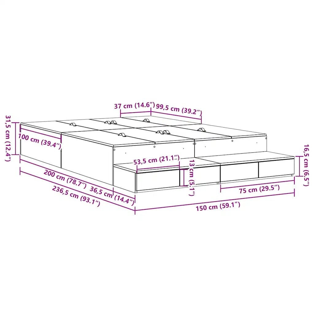 Struttura letto con contenitore con cassetto Rovere fumé 150 cm 3335649