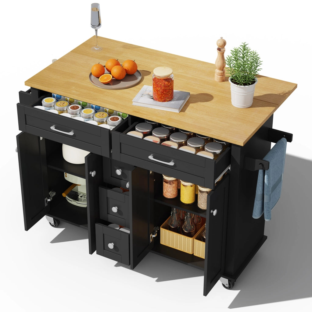 Carrello da cucina estensibile con piano ribaltabile; cassetti e ruote; MDF nero naturale