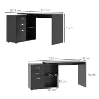 Scrivania Angolare per PC con 2 Cassetti e Ripiani Aperti, Scrivania ad Angolo Forma a L in Legno e Metallo, 117x83.5x76 cm, Nero