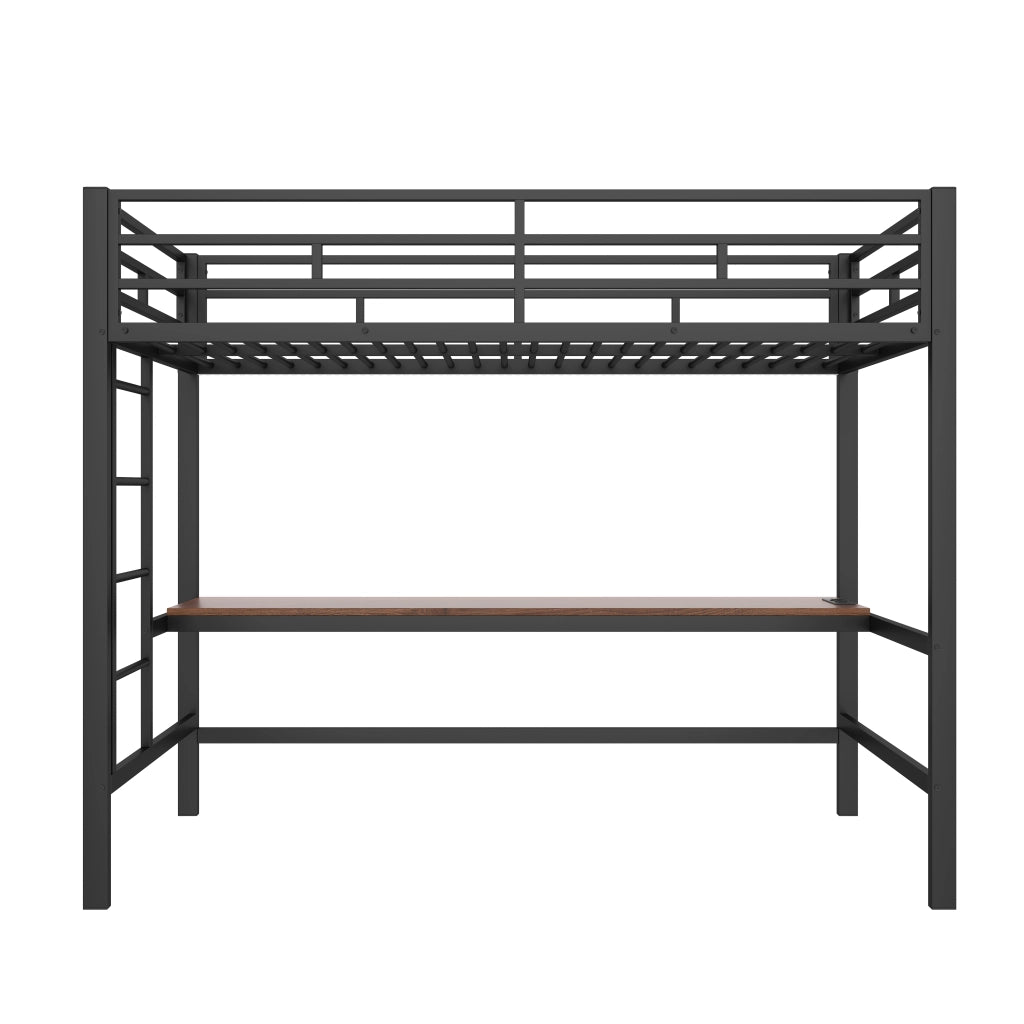 Letto a soppalco singolo 90×200 cm con scala; scrivania; LED; USB e Type-C; senza materasso; metallo; nero