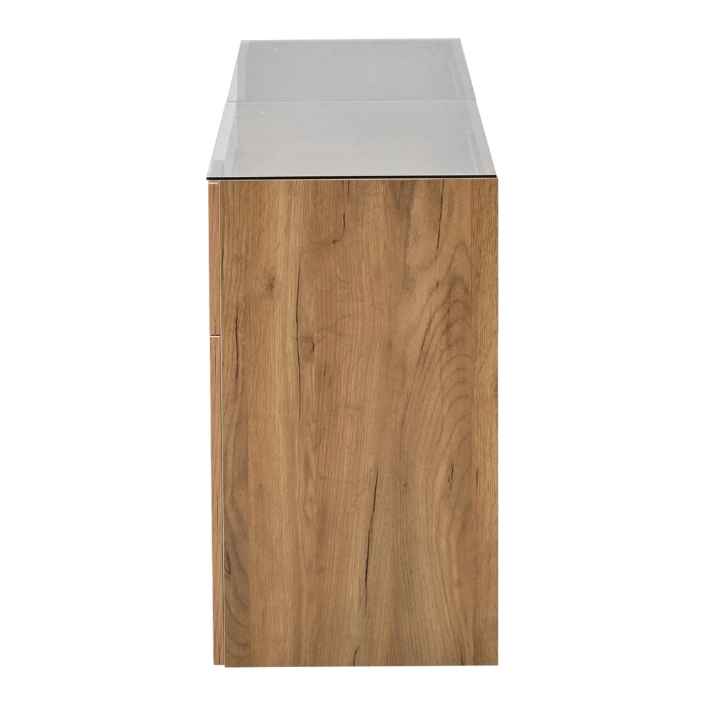 Credenza sideboard 140x40x70 cm in MDF con piano in vetro temperato, 2 cassetti, colore naturale