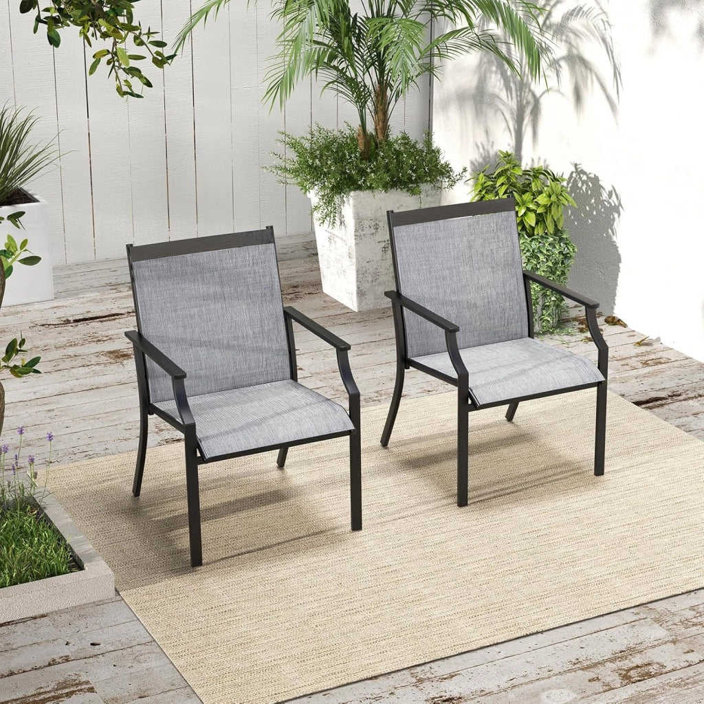 2 Sedie da Pranzo per Patio, Poltrone da Esterno con Seduta Traspirante e Telaio in Metallo, Schienale Ergonomico e Braccioli, Poltrone con Schienale Alto per Portico, Cortile, Prato(Grigio)