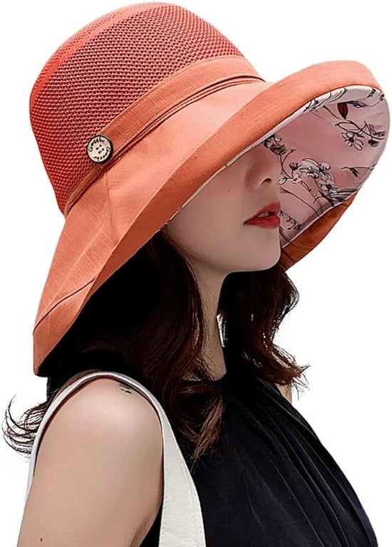 Cappello da sole in rete per donne con protezione UV e bordo largo e cintura per il mento - Rosso mattone