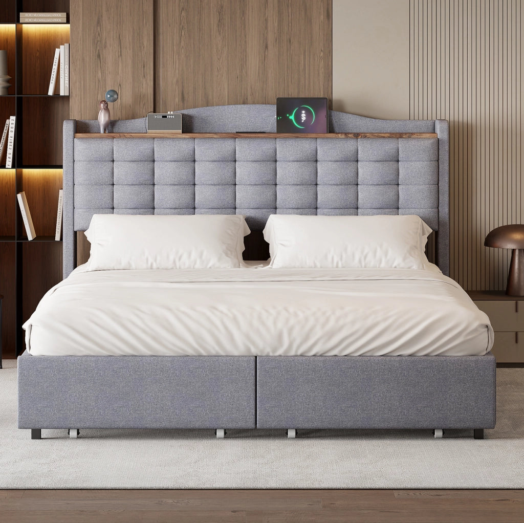 Letto imbottito 160x200 cm grigio con USB; mensola; 4 cassetti e rete a doghe