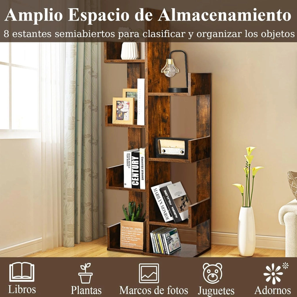 Libreria a 8 livelli 50 x 25 x 145 cm, mobile portaoggetti a forma di albero su piede, dispositivo antiribaltamento, carico totale 80 kg, per soggiorno, ufficio, camera da letto (marrone)