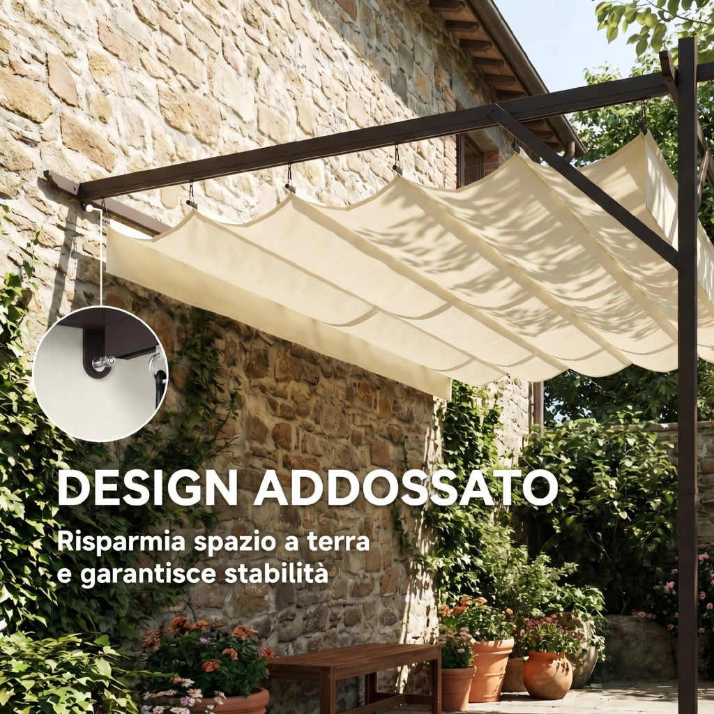 Gazebo Pergola Addossata 3x4 m con Tetto Retrattile Scorrevole e Fori di Drenaggio, Bianco Crema