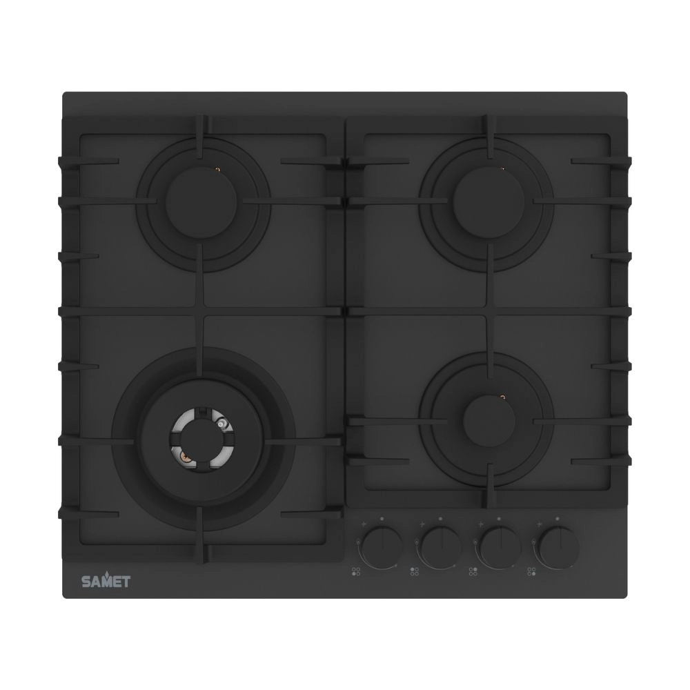 Piano cottura gas 4 fuochi 60 cm vetro temperato satinato nero opaco Samet Zacinto60