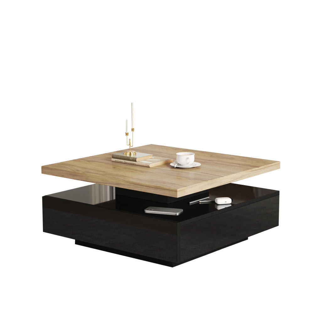 Tavolino da caffè quadrato 70x70x36 cm girevole 360° con vano portaoggetti in truciolare noce e nero lucido