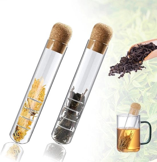 Due pezzi di infusori per tè trasparenti in vetro, con stopper, per infusori per tè in foglia e per tè in bustina, dimensioni 2.5x11CM