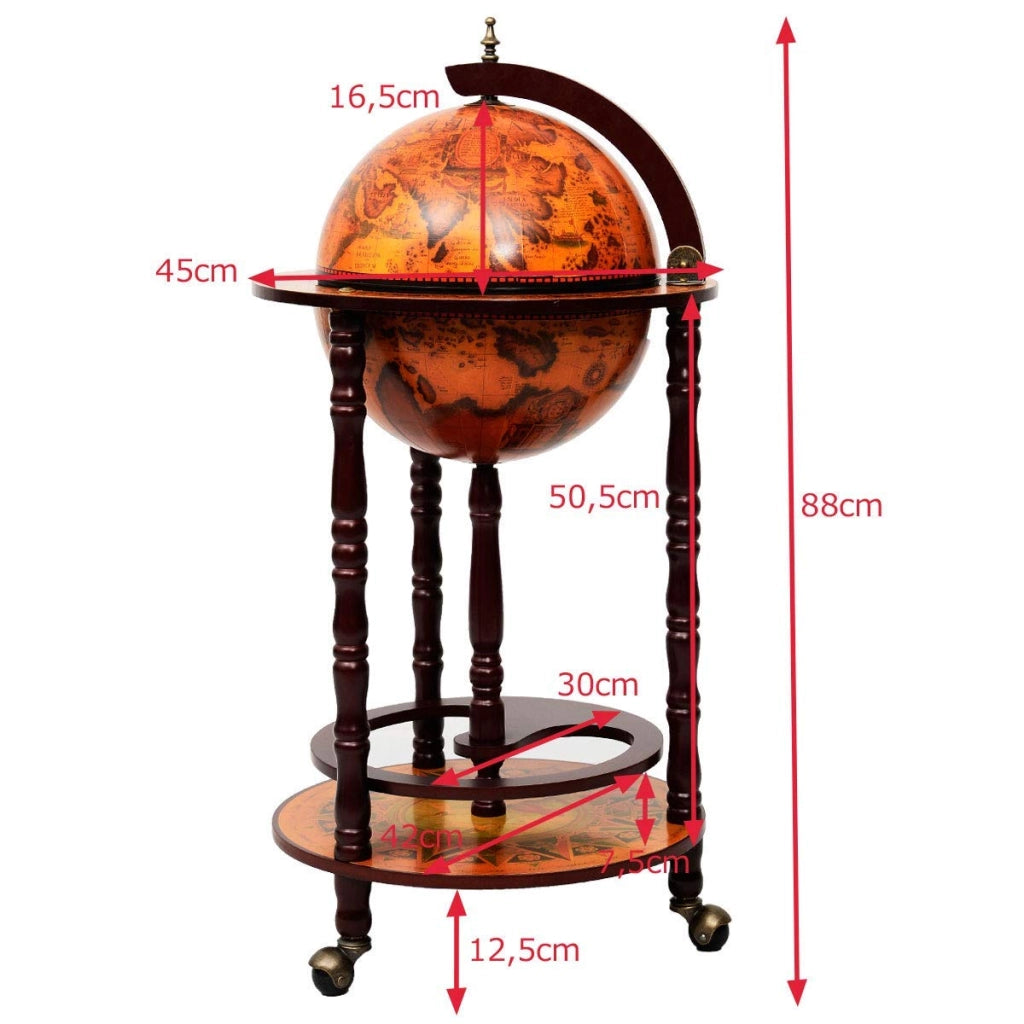 Mappamondo Bar con Ruote Mobile Porta Liquori, con Stile retrò, Marrone, 88 x 45 x 45 cm
