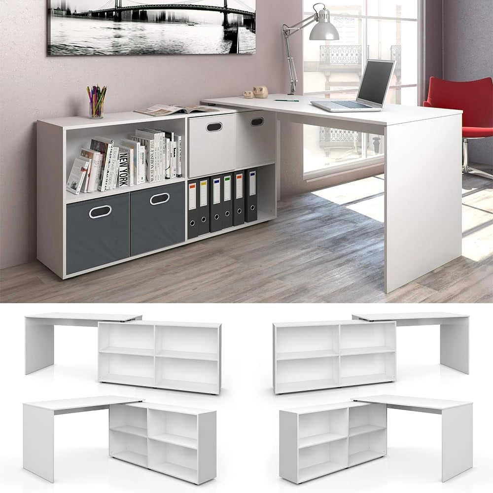 Scrivania angolare FlexPlus, Bianco, 137 x 60 cm, con scaffale aperto e possibilità di posizionamento variabile