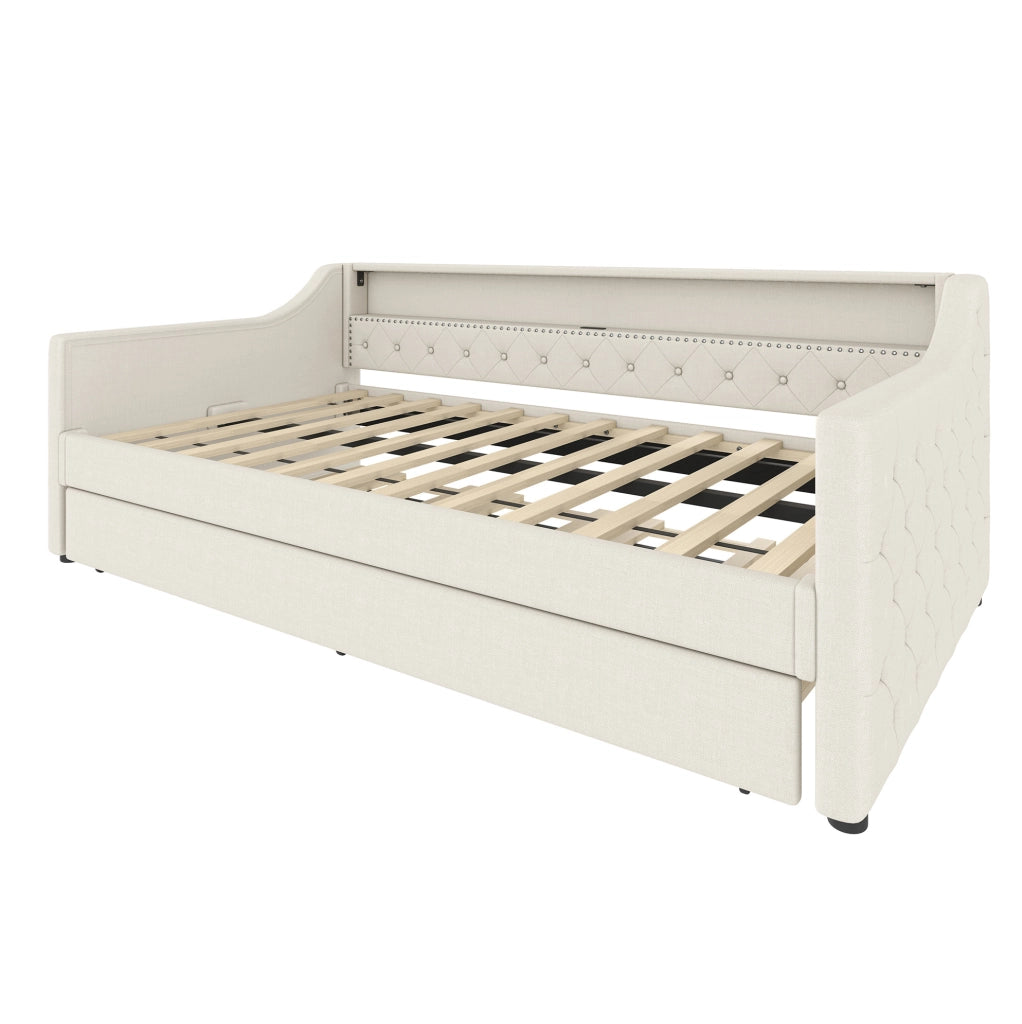 Letto da giorno 90x200 cm con LED; letto estraibile e USB in lino beige