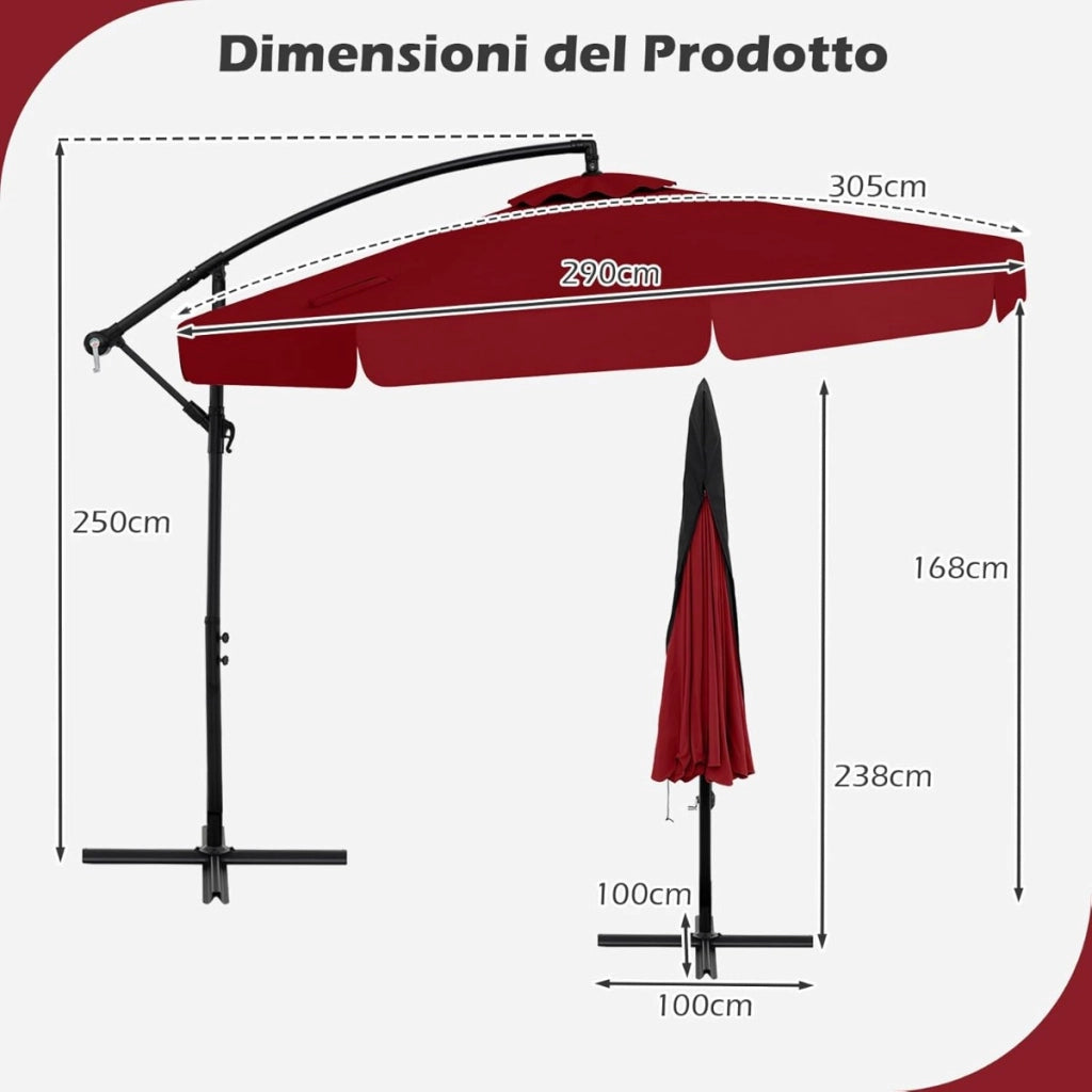 Ombrellone a braccio con inclinazione regolabile da giardino resistente, Ombrellone per piscina e terrazza Rosso