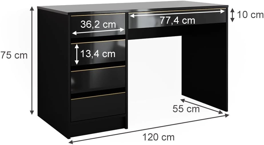 Tavolo da toilette Sherry, Nero/oro, 120 cm Senza specchio, 5 cassetti per diverse esigenze di conservazione