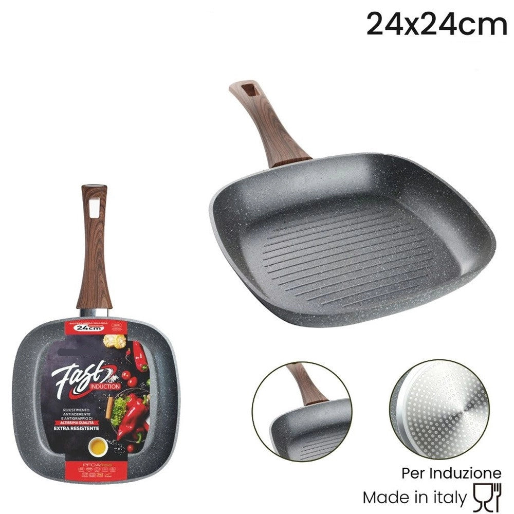 Trade Shop - Bistecchiera Quadrata Antiaderente Antigraffio Per Induzione Manico Legno Da 24x24/28x28cm -