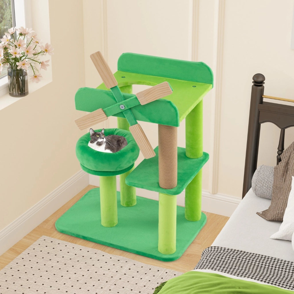 Albero per gatti da 60cm con mulino a vento e imbottitura rotonda, Torre per gatti a pi¨´ livelli con tiragraffi-Alberi Tiragraffi