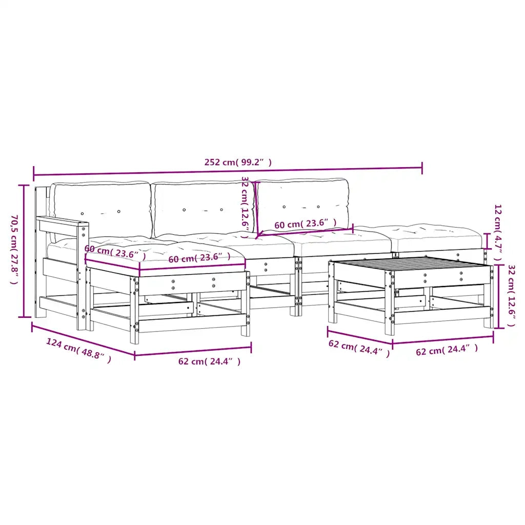 Set Divani da Giardino 6pz con Cuscini in Legno Massello Grigio