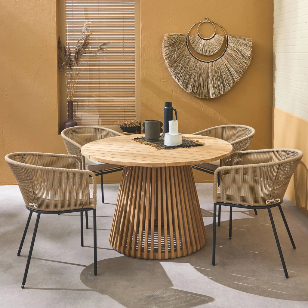 Set tavolo da pranzo rotondo in legno con 4 poltrone in corda, beige