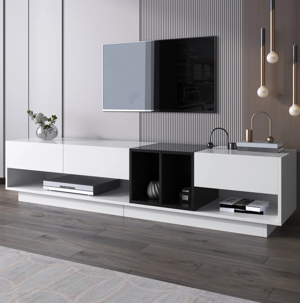 Mobile TV Lowboard in MDF con finitura lucida bianco e nero, 190x40x42 cm, con cassetti e scomparti
